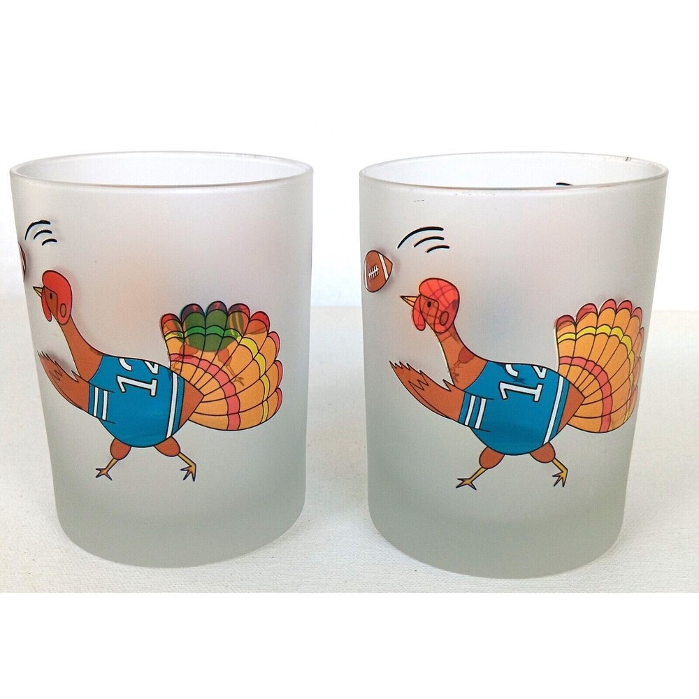 2 Culver Frosted Satin Old Fashioned Turkey Playing Football Glasses Tumblers